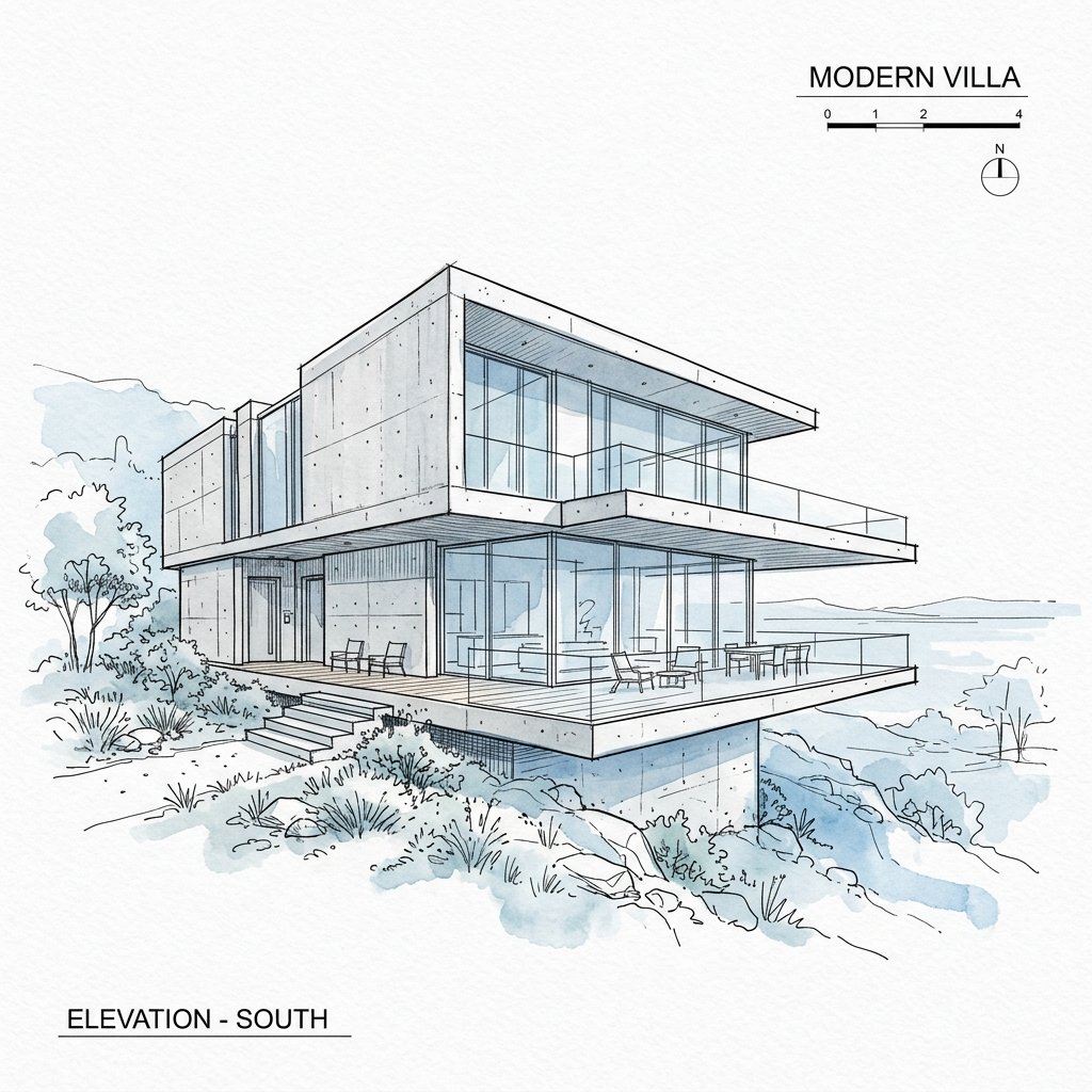 Villa Serenity Watercolor Sketch