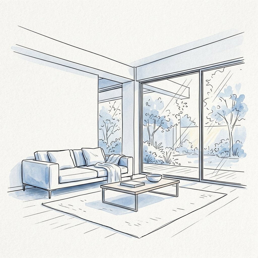 Living Room Blueprint Watercolor Sketch